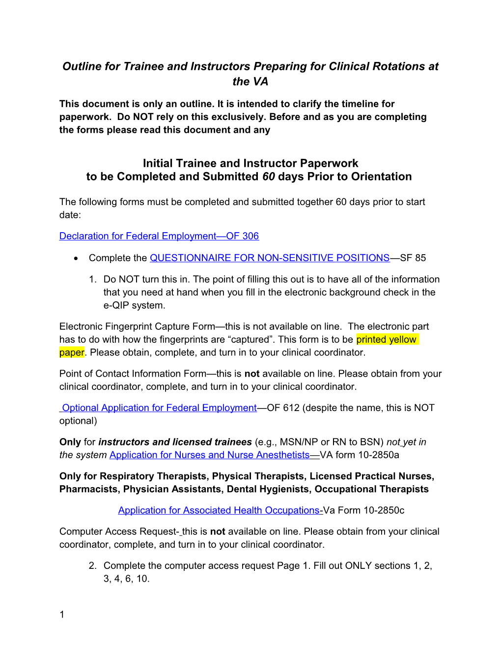 Outline for Trainee and Instructors Preparing for Clinical Rotations at the VA