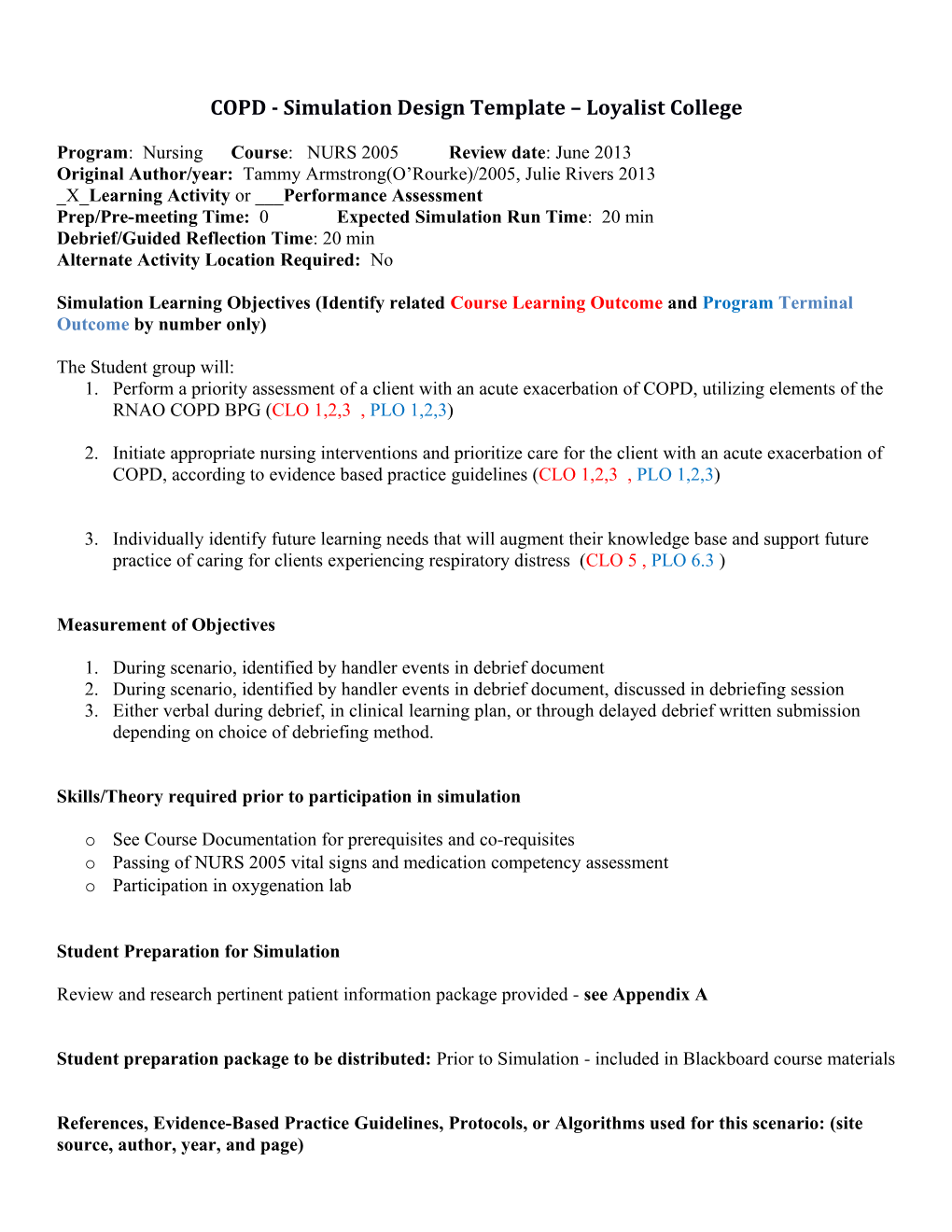 COPD - Simulation Design Template Loyalist College