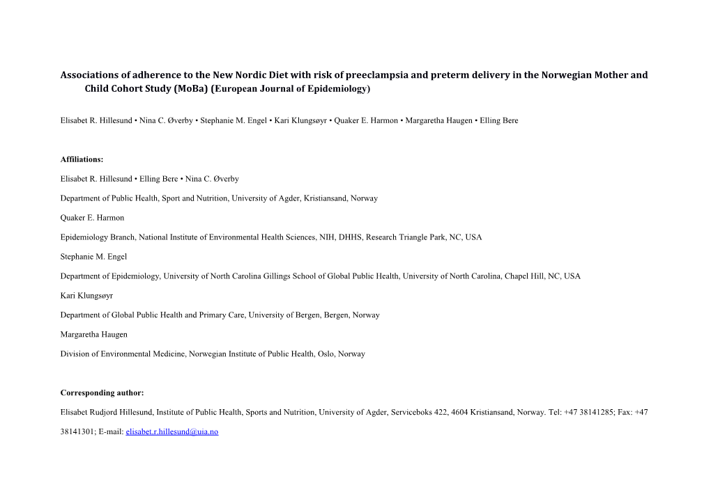 Associations of Adherence to the New Nordic Diet with Risk of Preeclampsia and Preterm