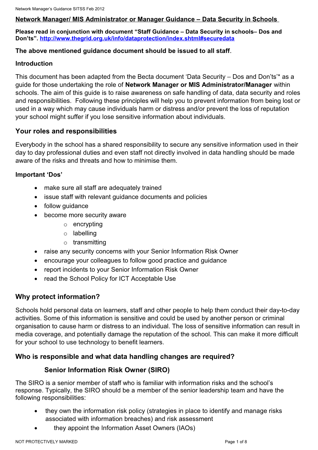 Network Manager/ MIS Administrator Or Manager Guidance Data Security in Schools