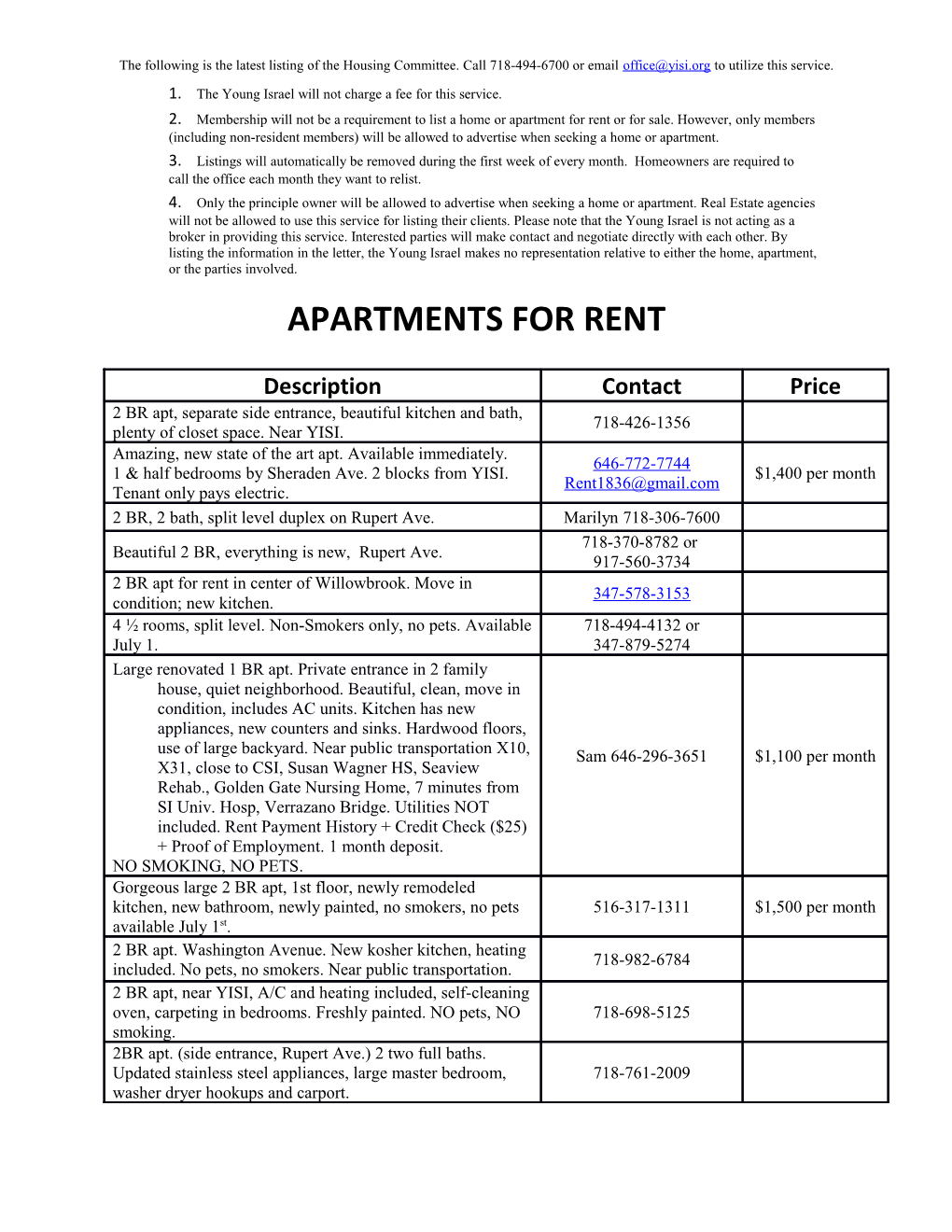 The Following Is the Latest Listing of the Housing Committee. Call 718-494-6700 Or Email