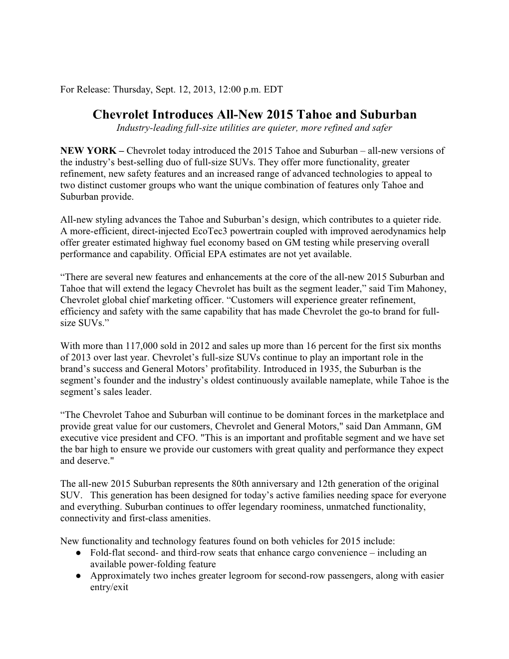 Sept 2013 - 2015 Chevy Tahoe & Suburban Unveiled Press Release