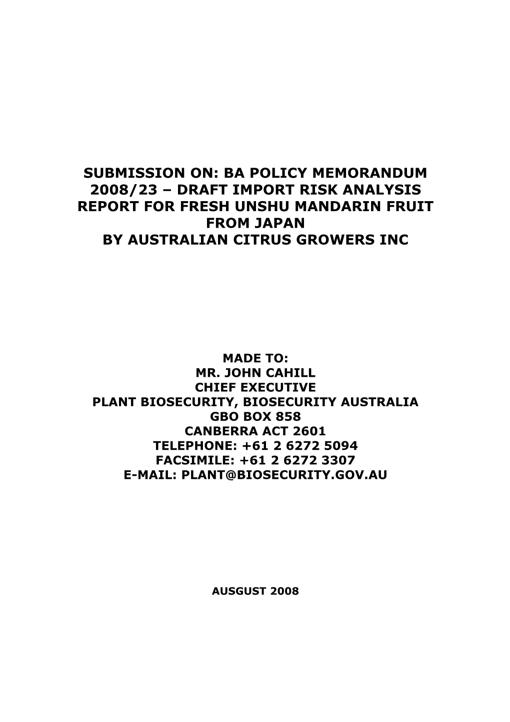 Submission On: BA Policy Memorandum 2008/23 Draft Import Risk Analysis Report for Fresh