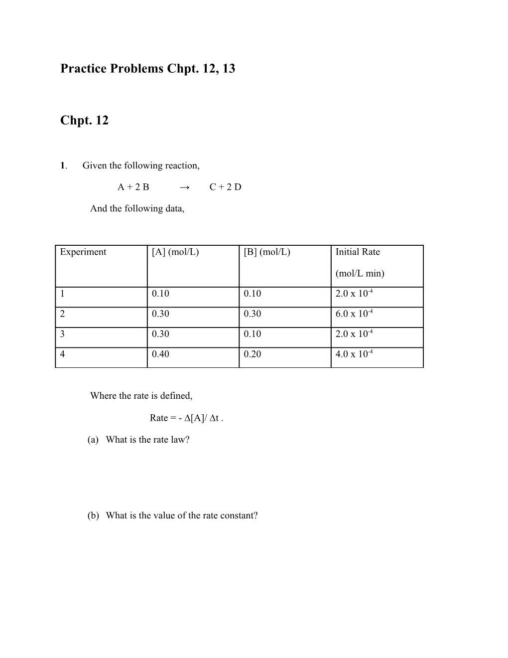 Practice Problems Chpt. 12, 13