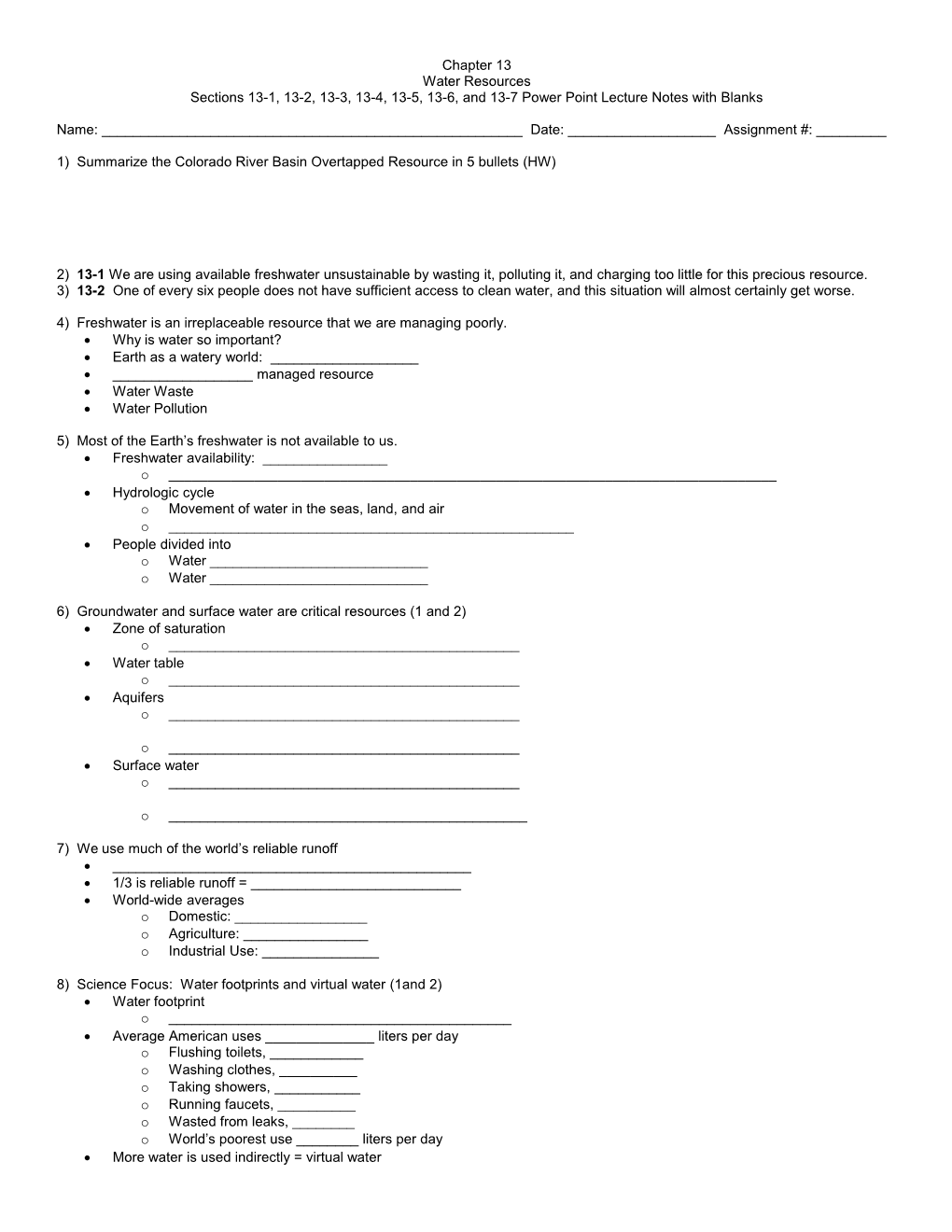 Sections 13-1, 13-2, 13-3, 13-4, 13-5, 13-6, and 13-7 Power Point Lecture Notes with Blanks