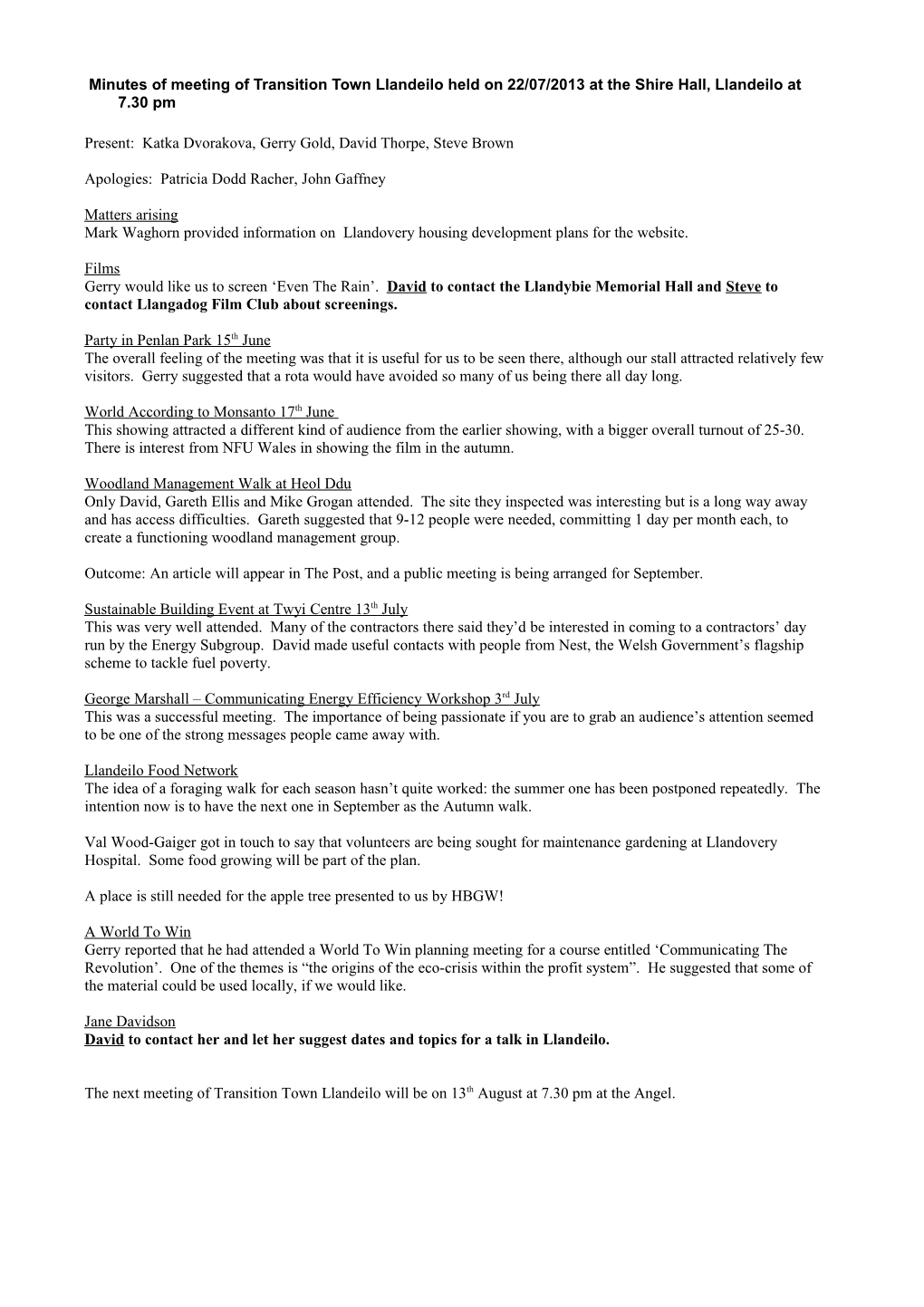 Minutes of the TL2 Steering Group Meeting on 21/11/2007 at the Civic Hall, Llandeilo