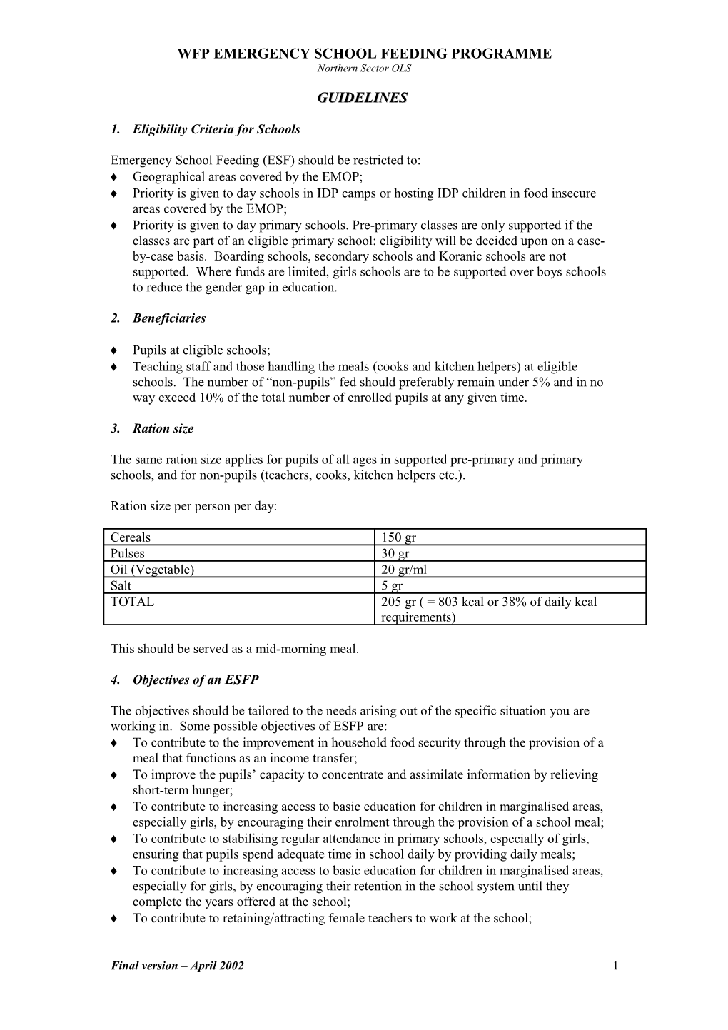 Guidelines for Emergency School Feeding Programmes Northern Sector Ols