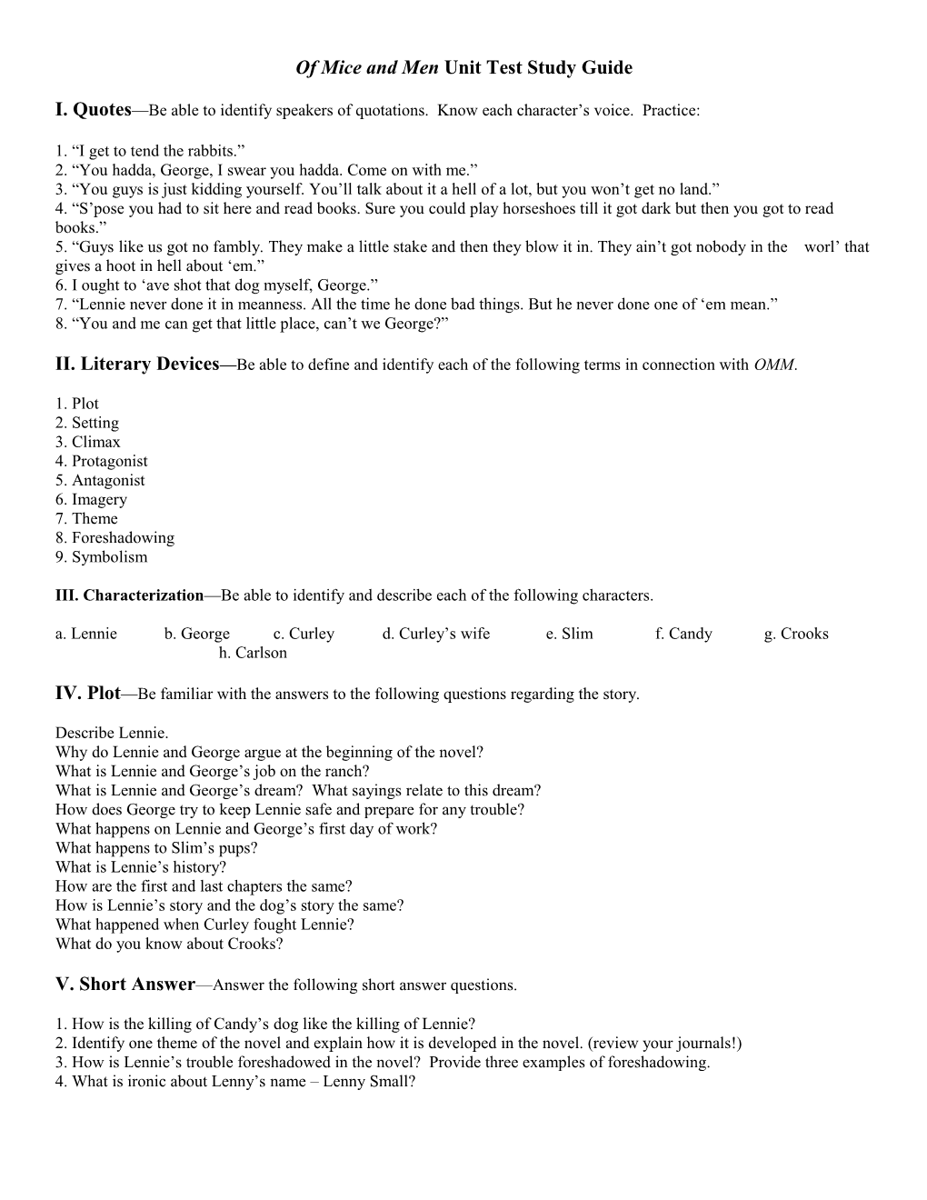Of Mice and Men Unit Test Study Guide