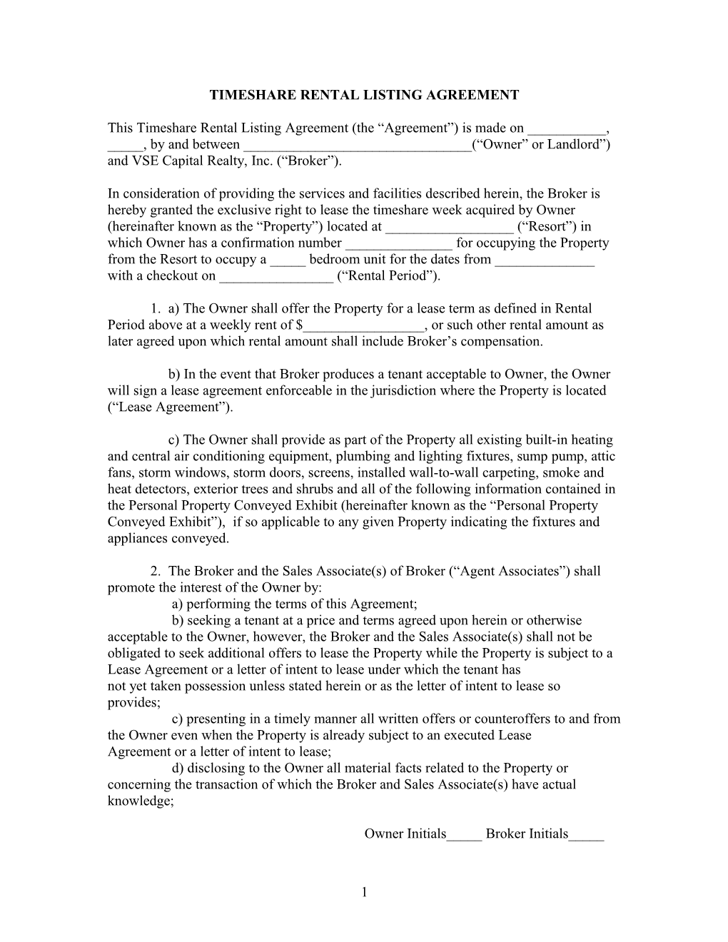 Timeshare Rental Listing Agreement