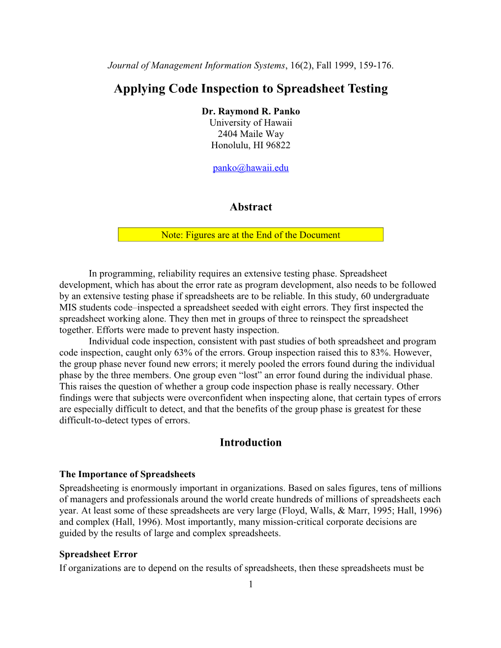 Applying Code Inspection to Spreadsheet Testing