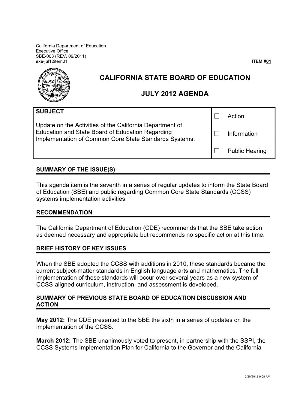 July 2012 Agenda Item 1 - Meeting Agendas (CA State Board of Education)