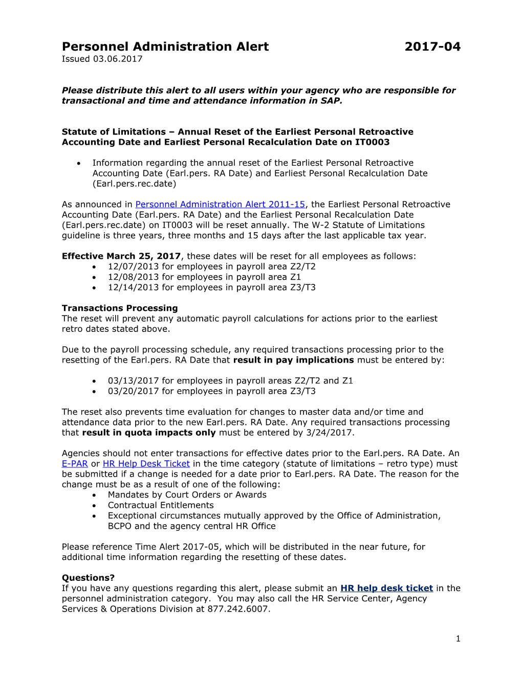 Statute of Limitations Annual Reset of the Earliest Personal Retroactive Accounting Date