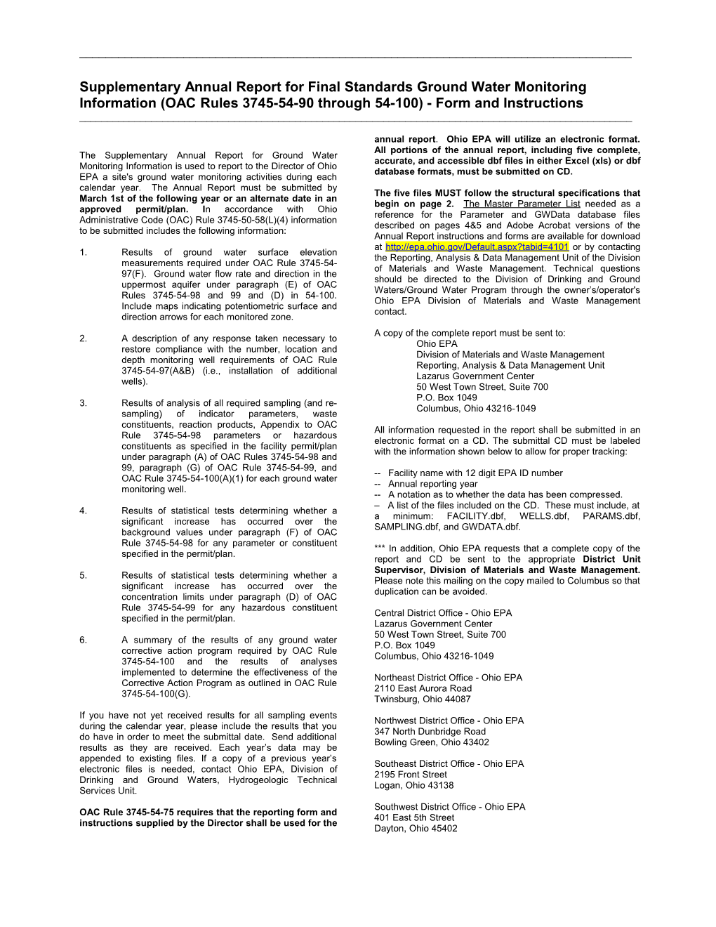 Supplementary Annual Report for Final Standards Ground Water Monitoring Information (OAC