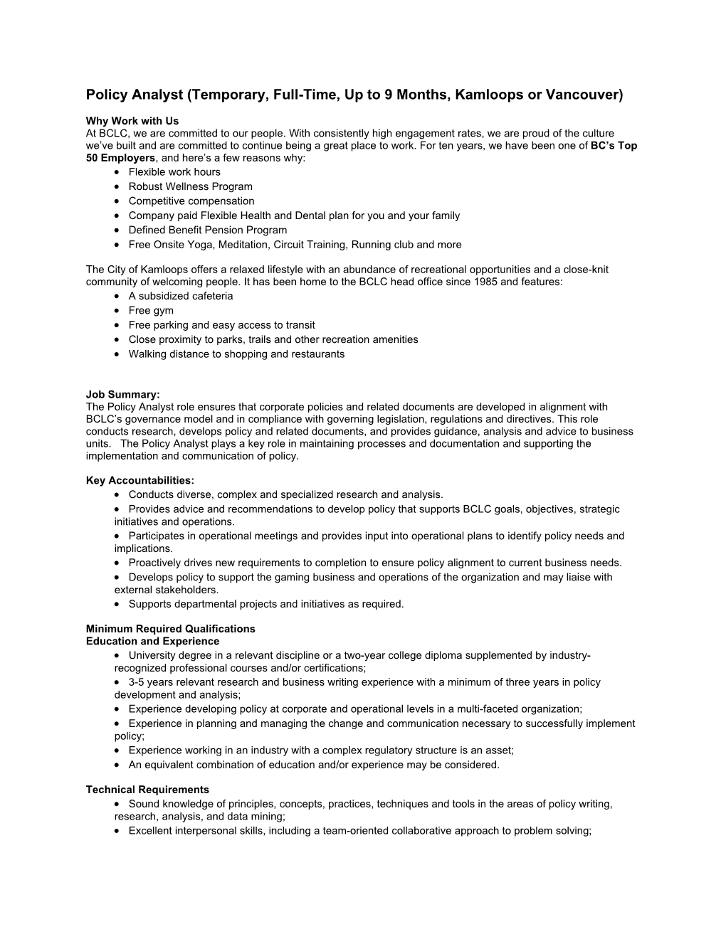 Policy Analyst (Temporary, Full-Time, up to 9 Months, Kamloops Or Vancouver)