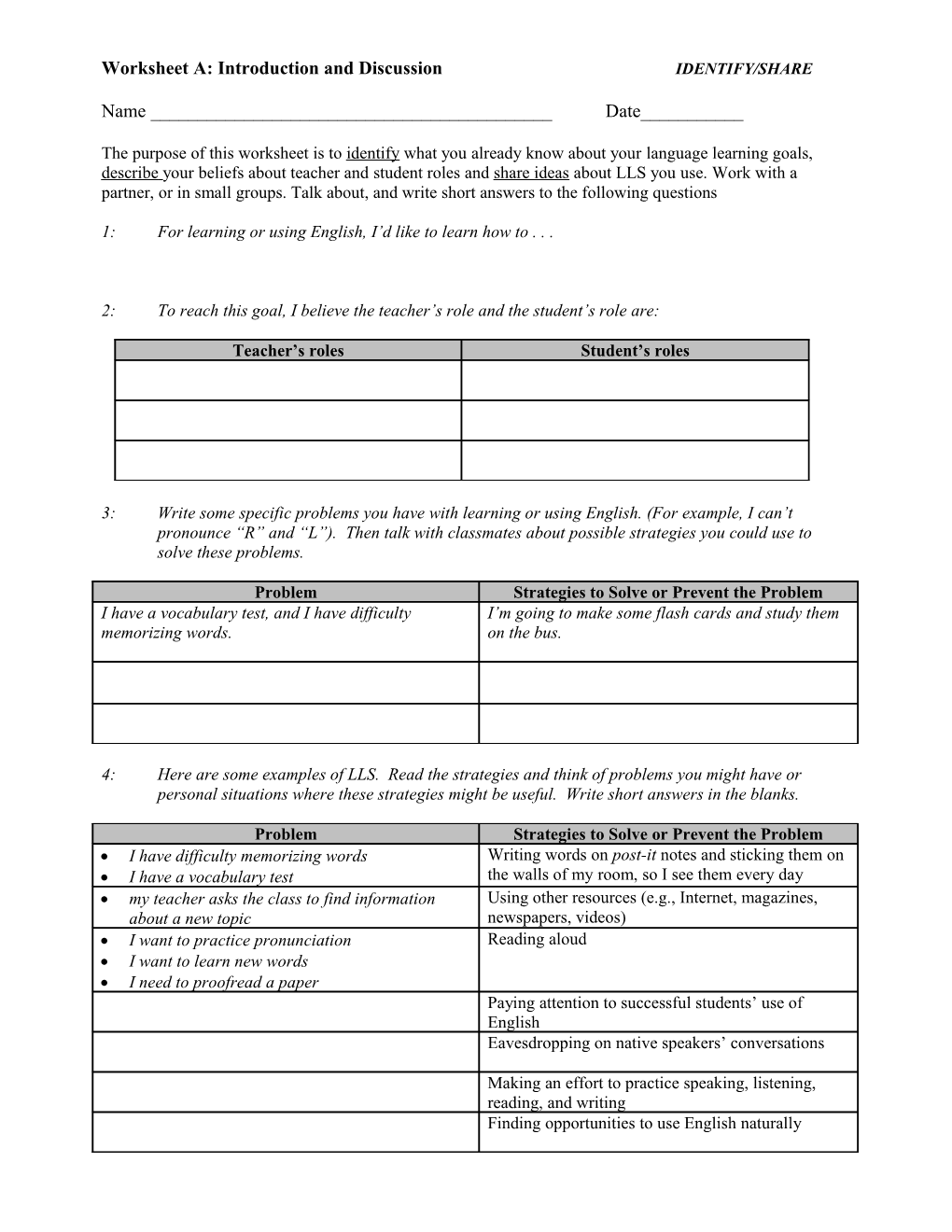 The Purpose of This Form Is to Identify What You Already Know About Your Language Learning