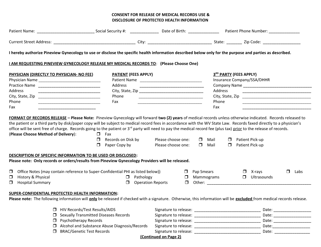 Consent for Release of Medical Records Use &