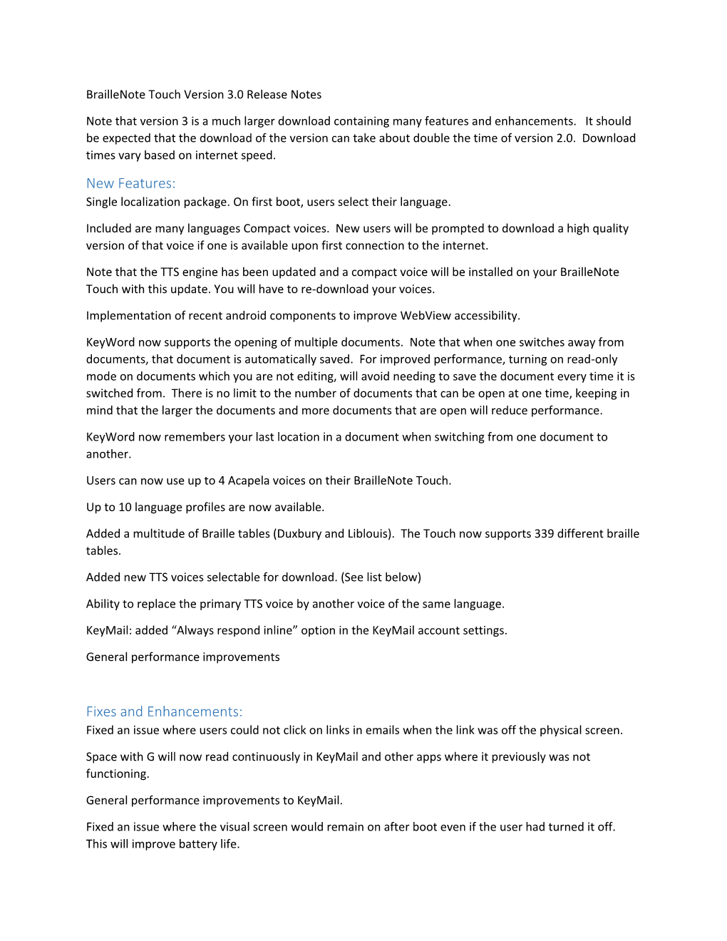 Braillenote Touch Version 3.0 Release Notes