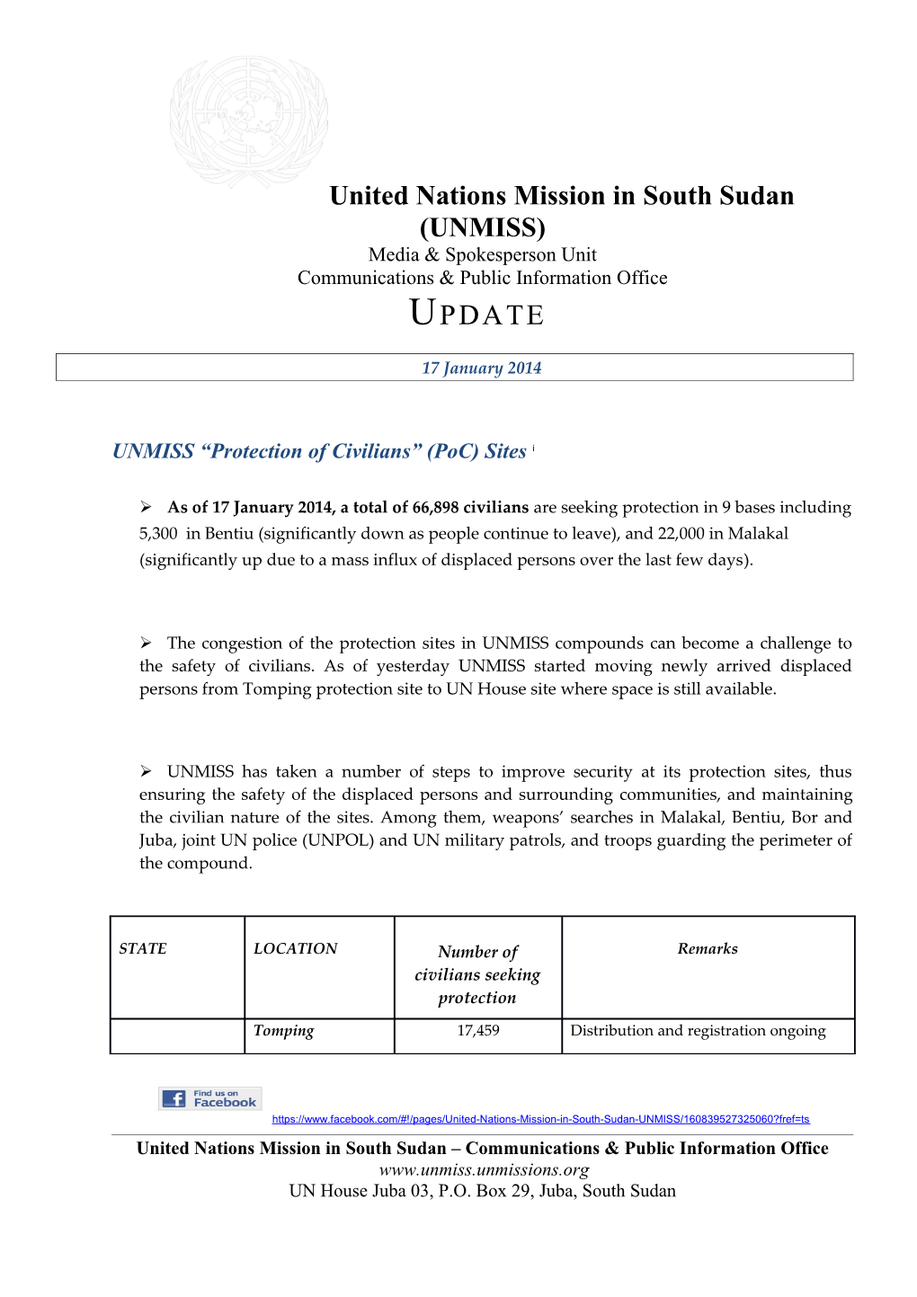 UNMISS Protection of Civilians (Poc) Sites I