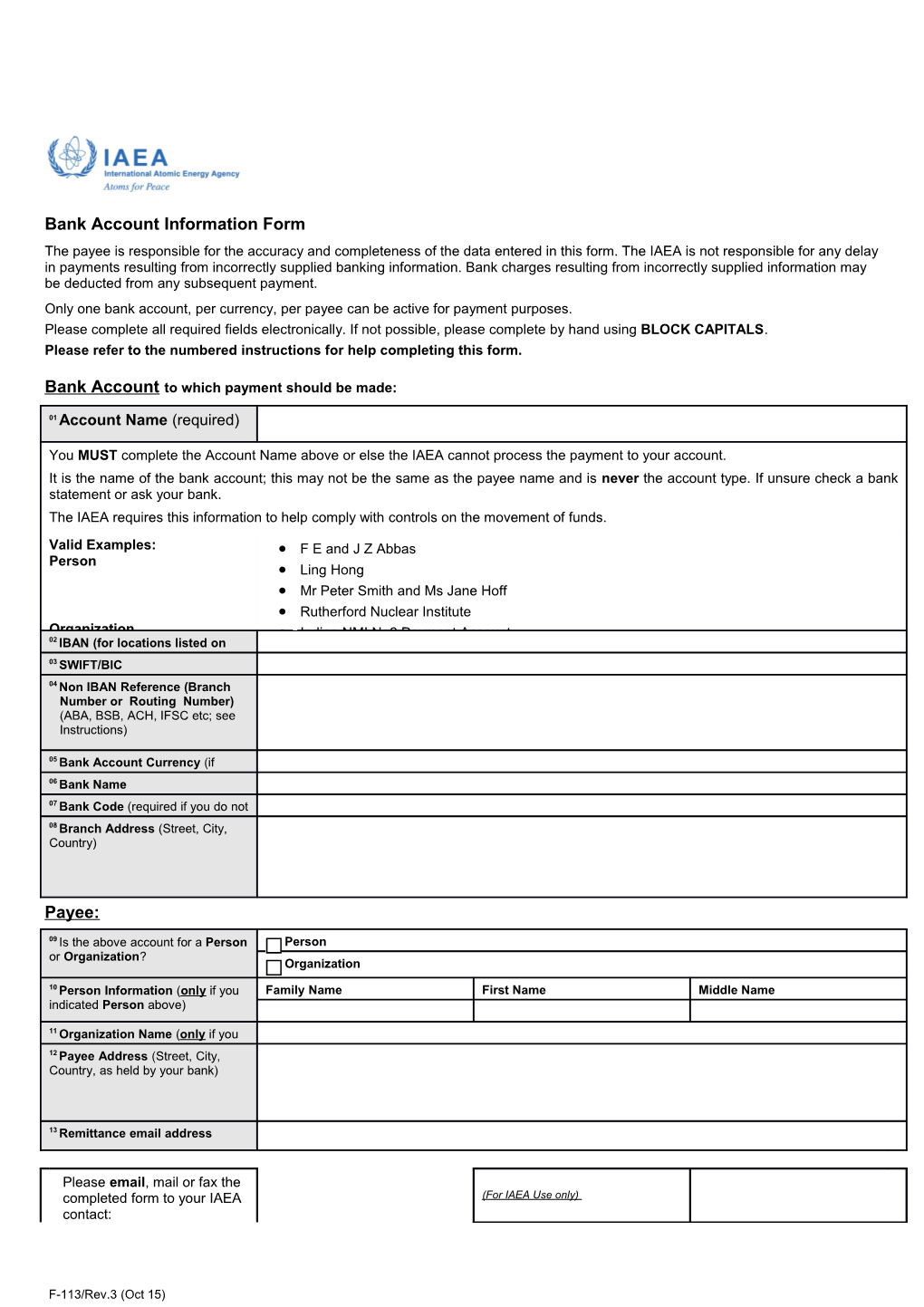 Bank Account Information Form