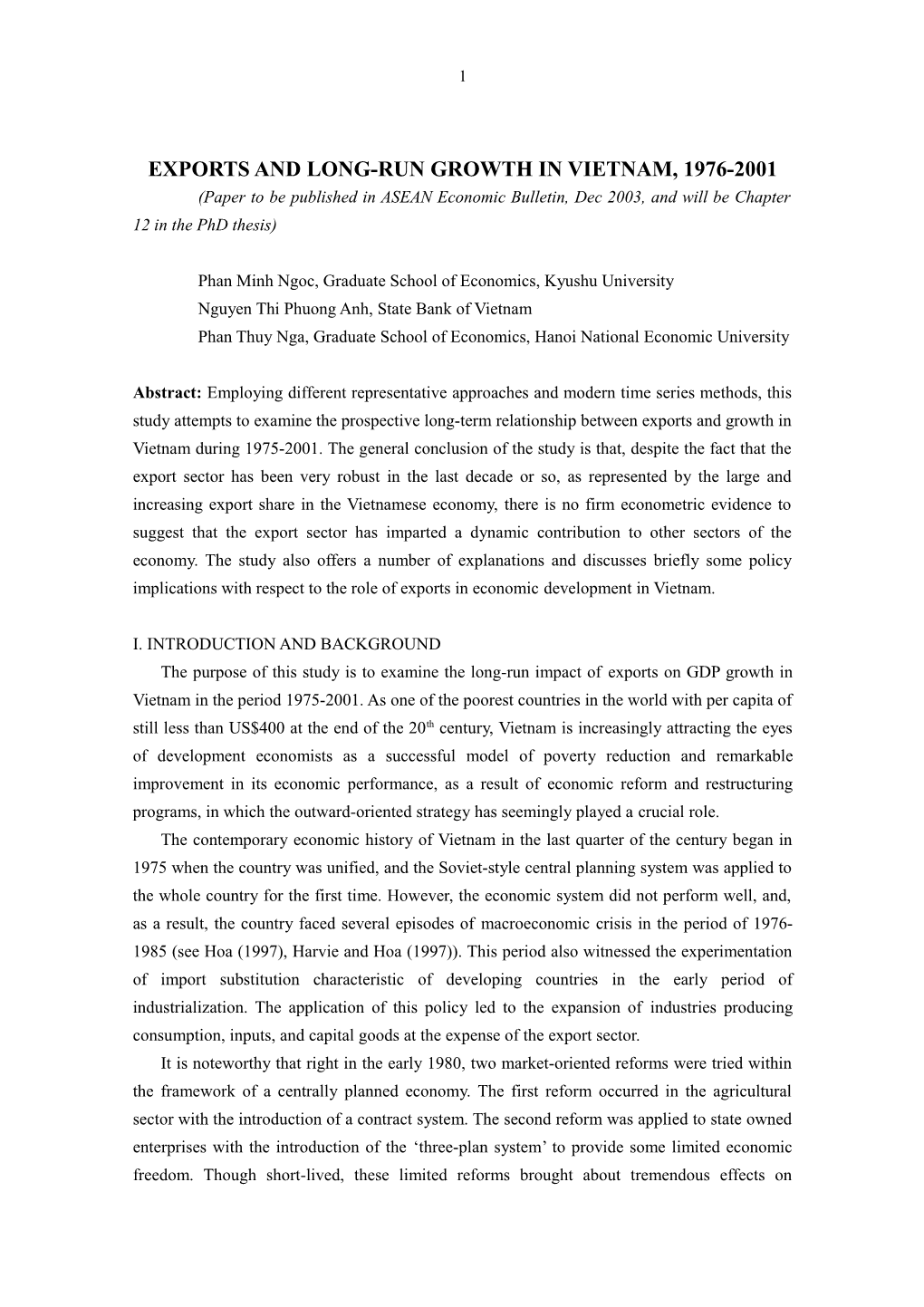 Exports and Long-Run Growth in Vietnam, 1975-2001