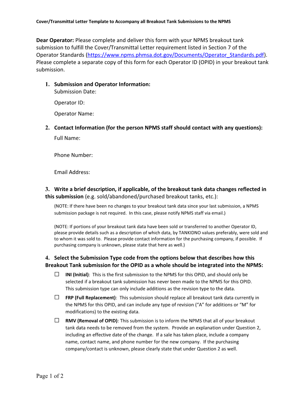 Cover/Transmittal Letter Template to Accompany All Breakout Tank Submissions to the NPMS