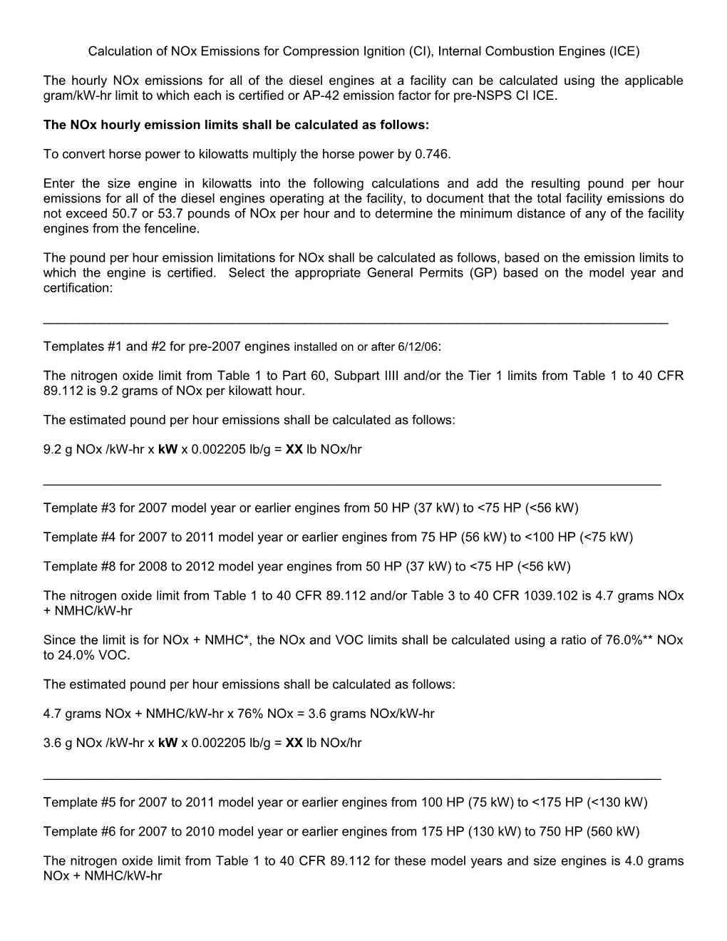 Calculation of Nox Emissions for Compression Ignition (CI), Internal Combustion Engines (ICE)