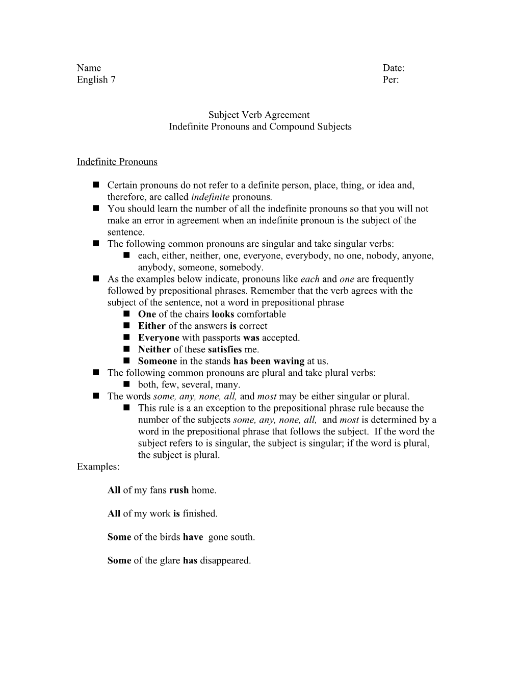 Indefinite Pronouns and Compound Subjects