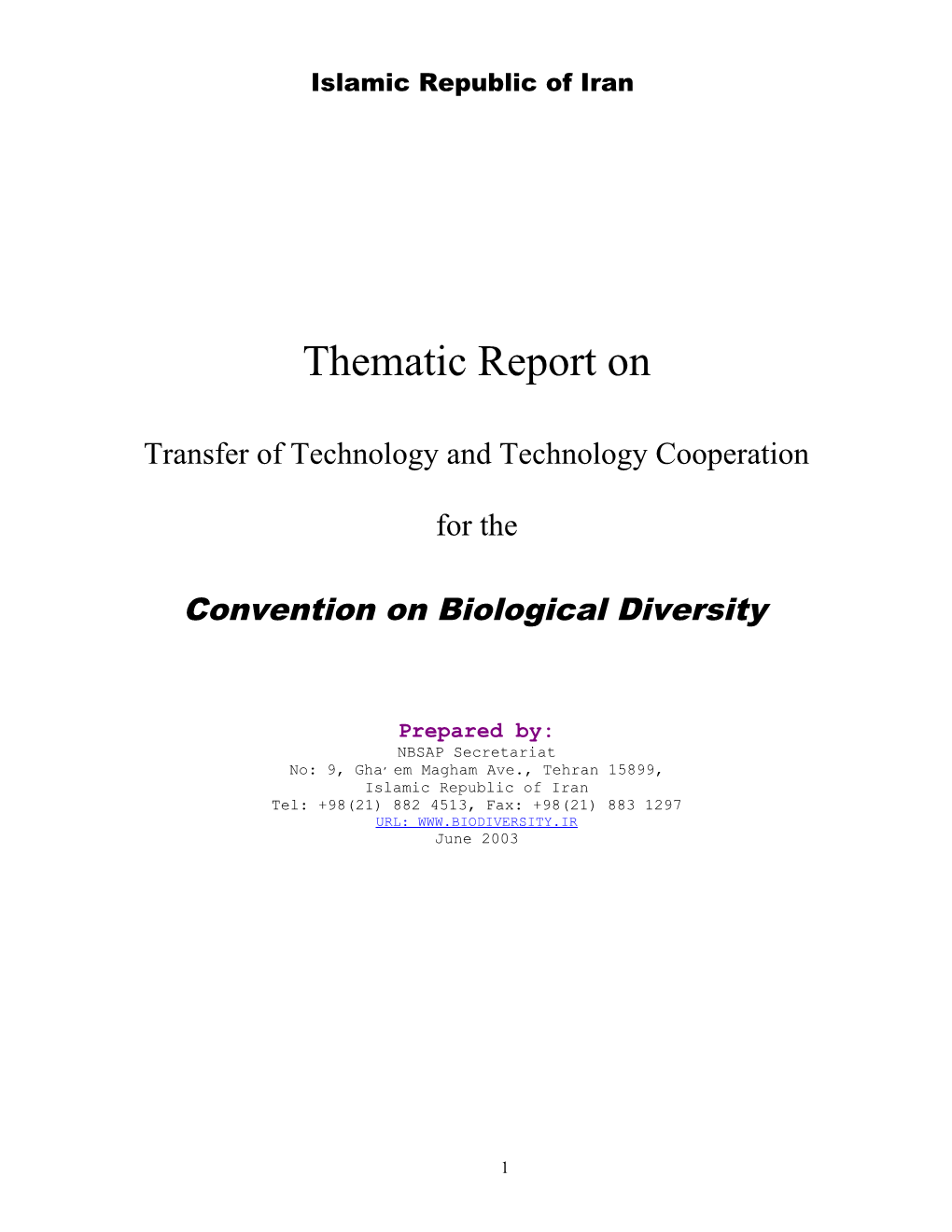 CBD Thematic Report on Transfer of Technology and Technology Cooperation - Iran (English