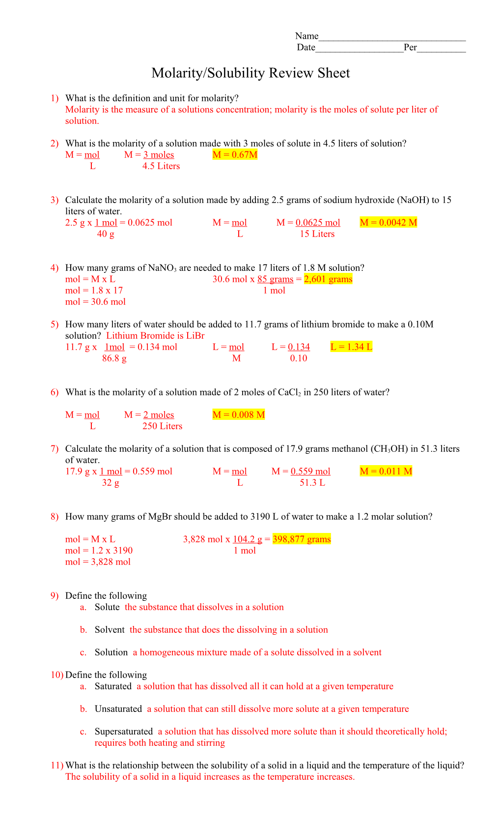 Molarity/Solubility Review Sheet