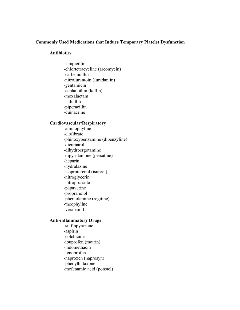 Commonly Used Medications That Induce Temporary Platelet Dysfunction