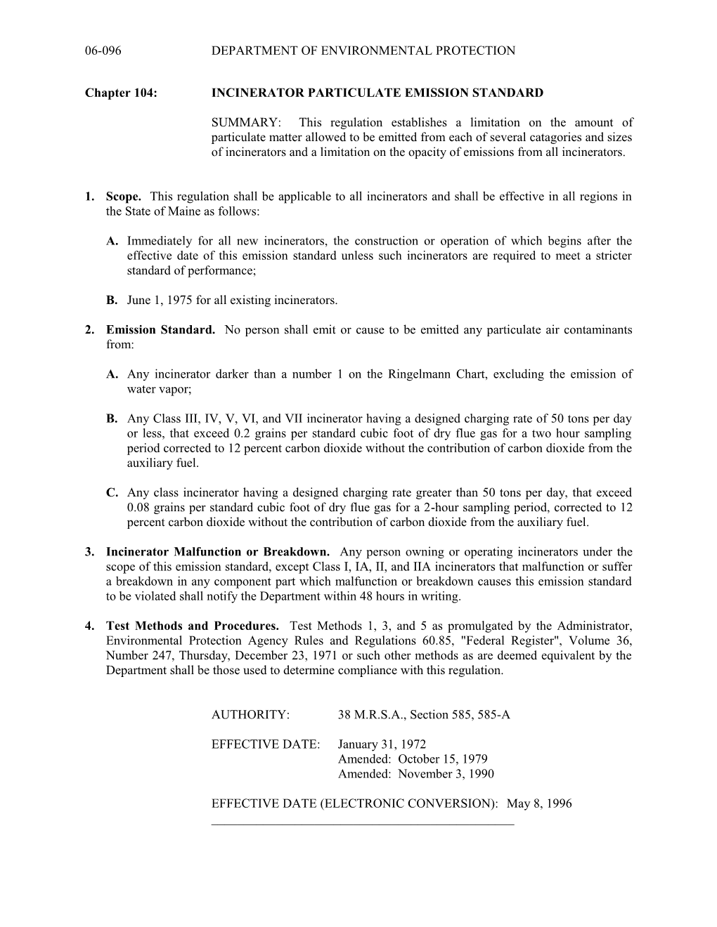 Chapter 104:INCINERATOR PARTICULATE EMISSION STANDARD