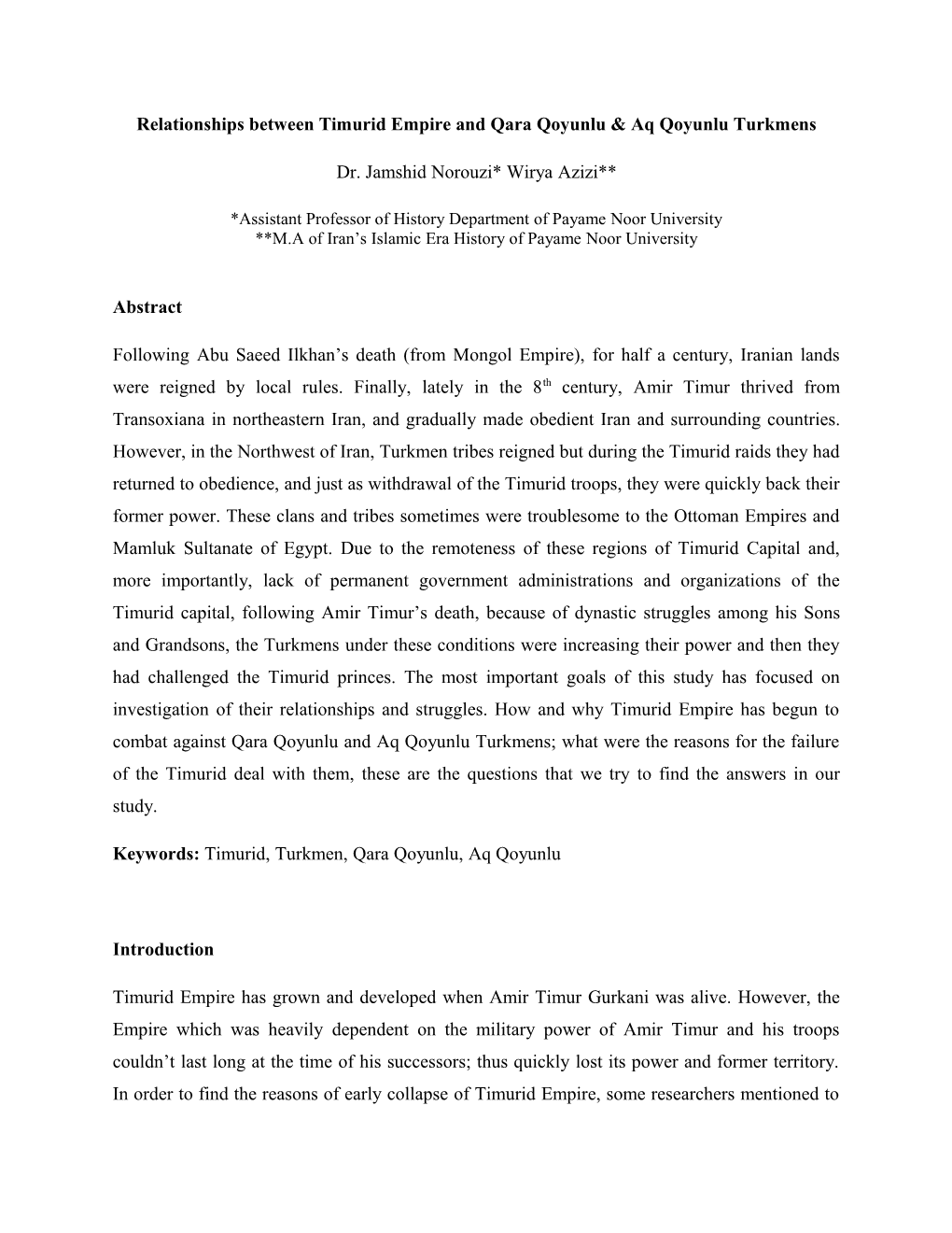 Relationships Between Timurid Empire and Qara Qoyunlu & Aqqoyunlu Turkmens