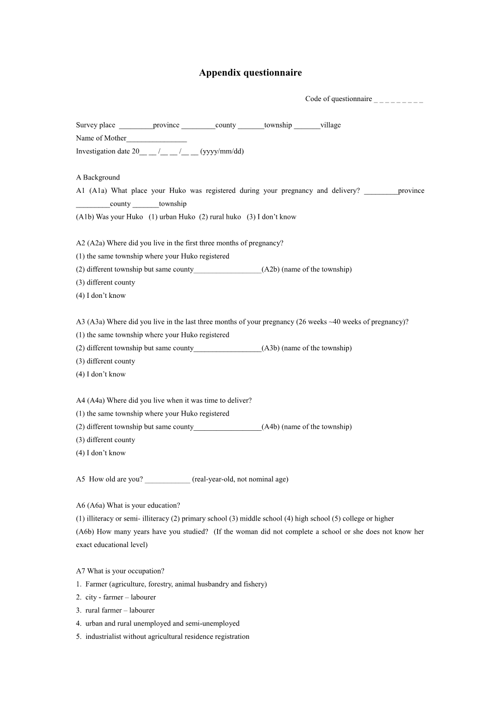 Appendix Questionnaire