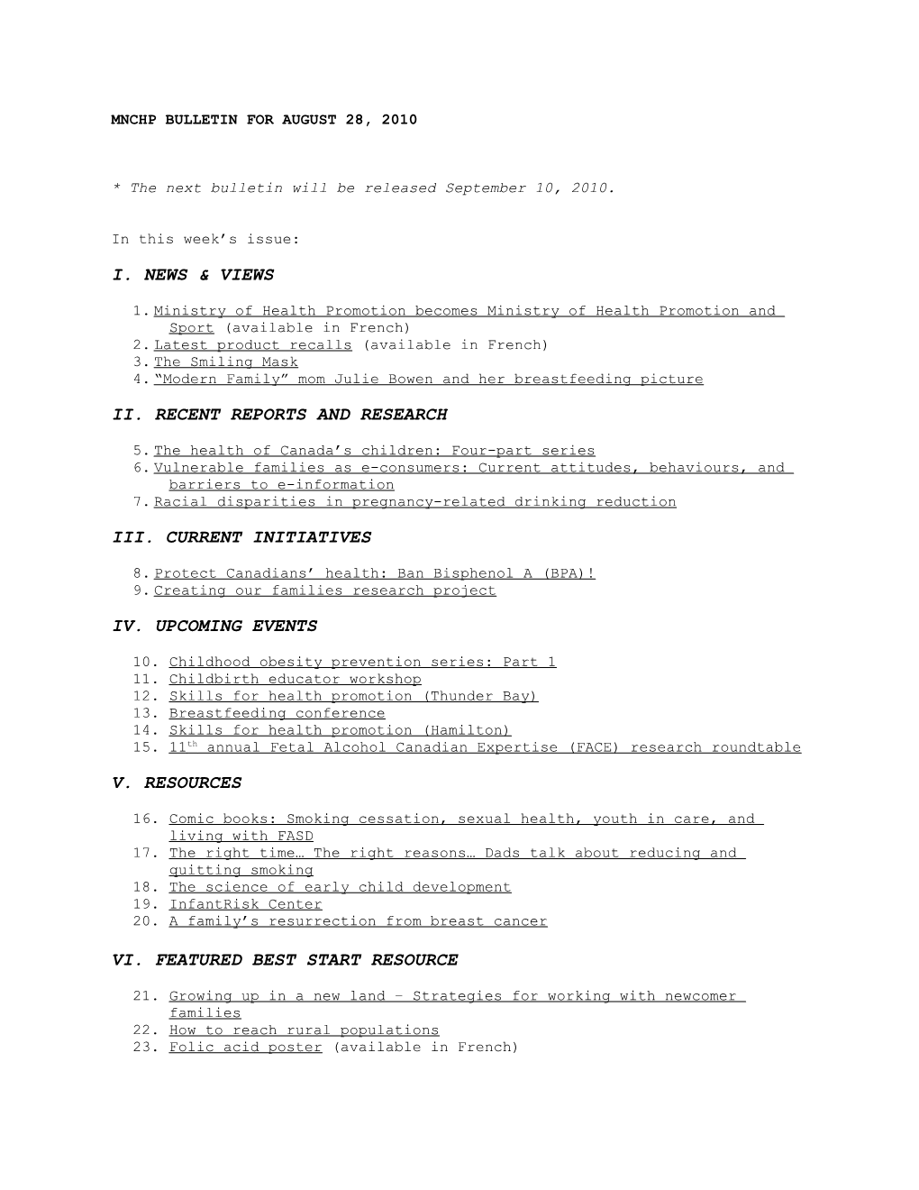 Mnchp Bulletin for August 28, 2010