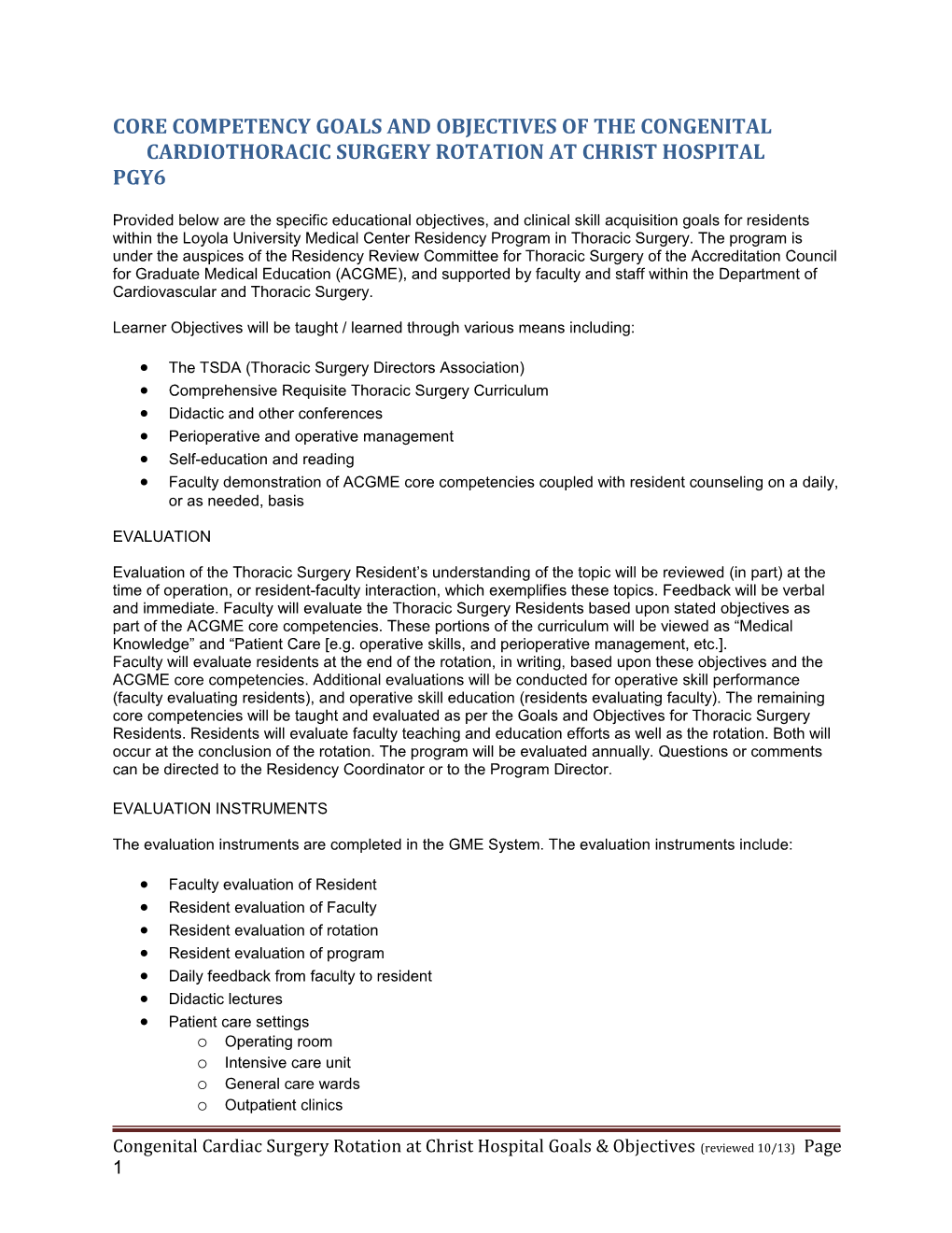 Core Competency Goals and Objectives of the Congenital Cardiothoracic Surgery Rotation