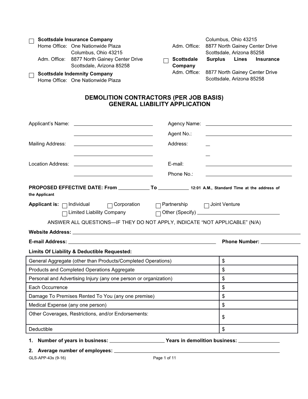 Demolition Contractors (Per Job Basis) General Liability Application