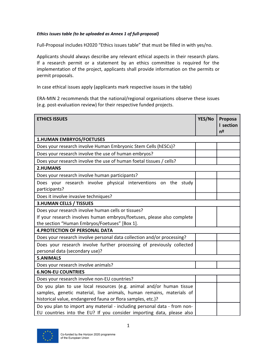 Ethics Issues Table (To Be Uploaded As Annex 1 of Full-Proposal)