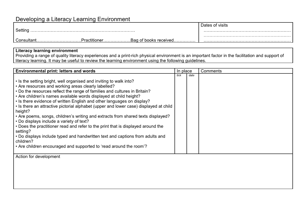 Literacy Learning Environment Checklist