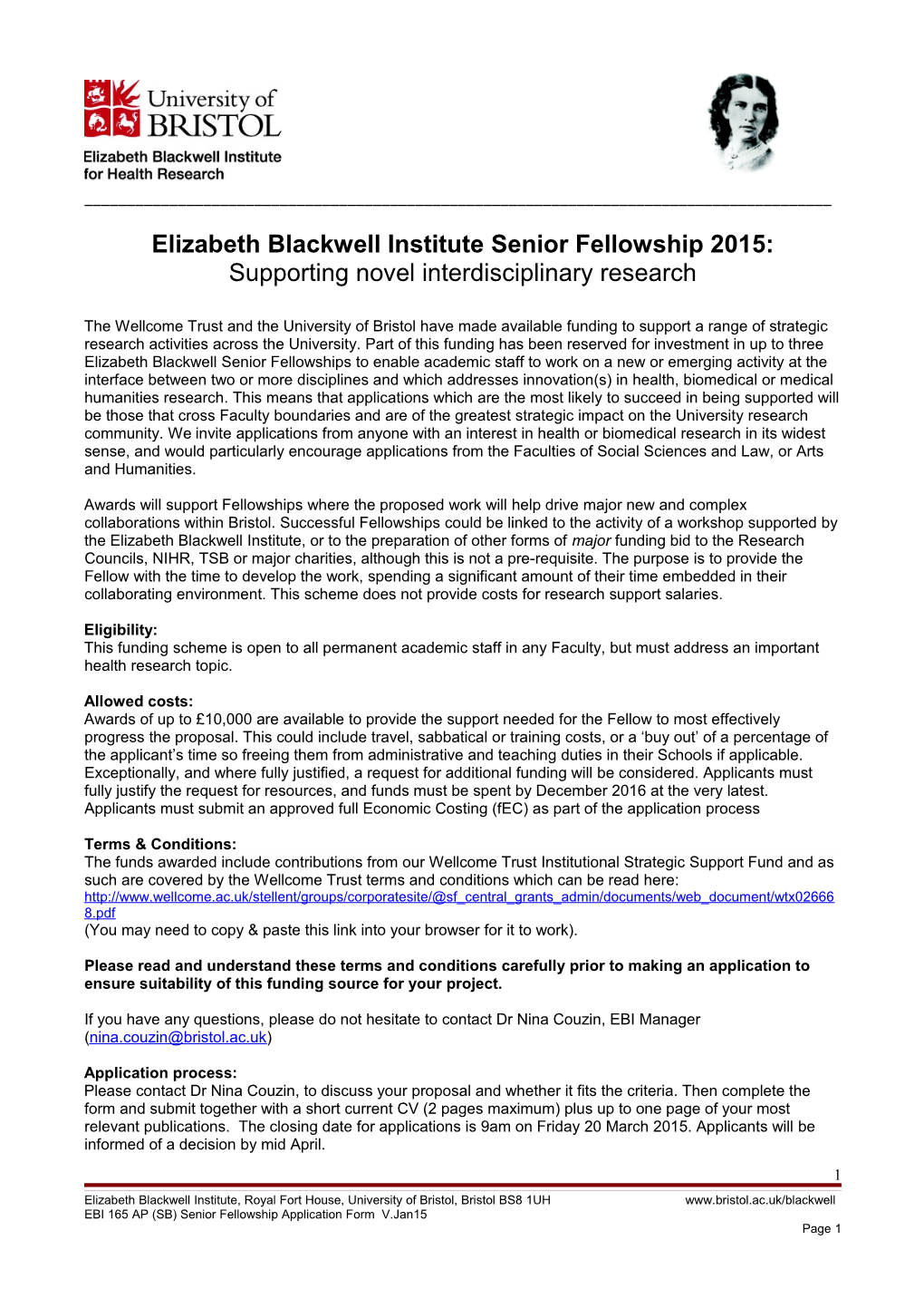 Elizabeth Blackwell Institute Senior Fellowship 2015