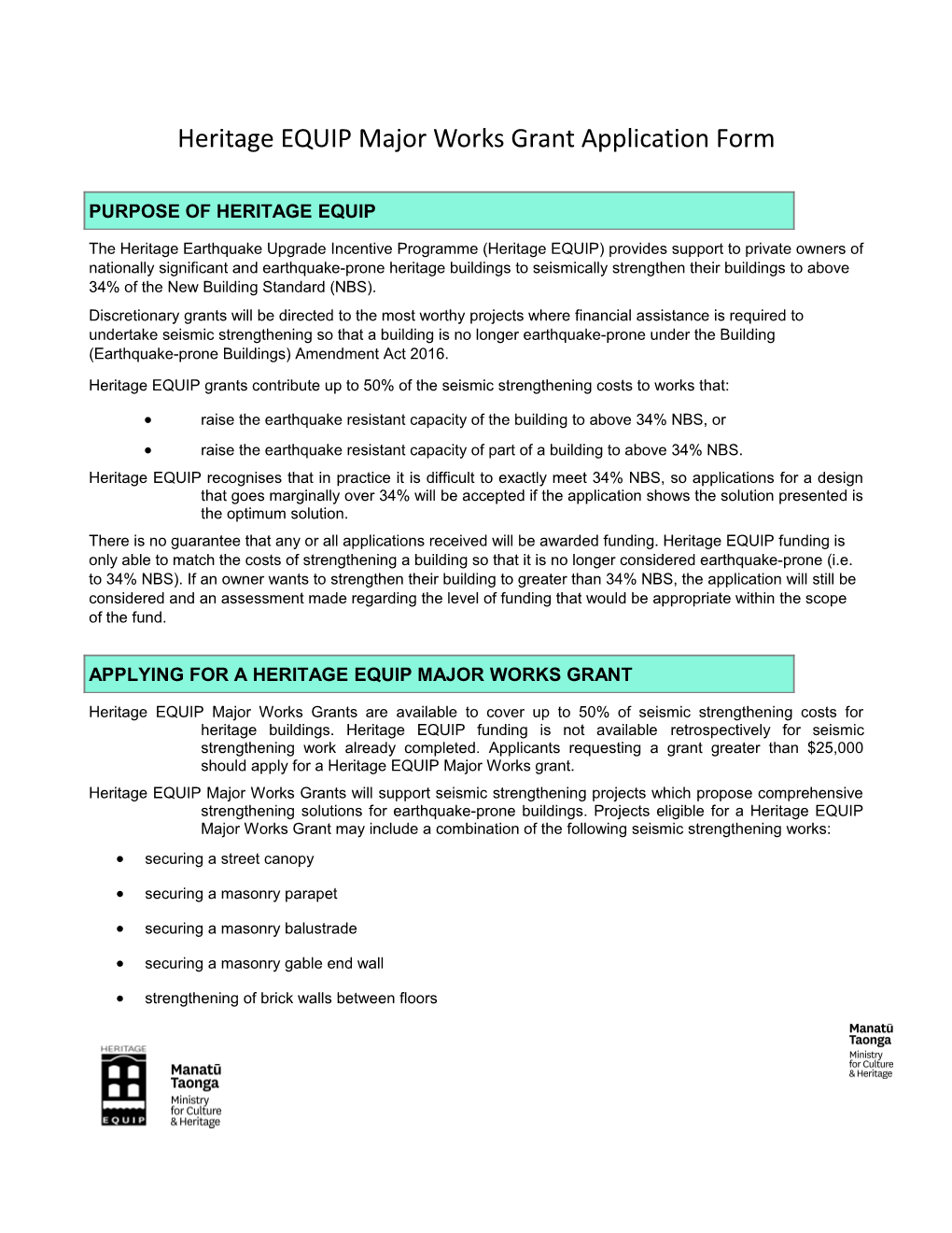 Heritage EQUIP Majorworksgrant Application Form