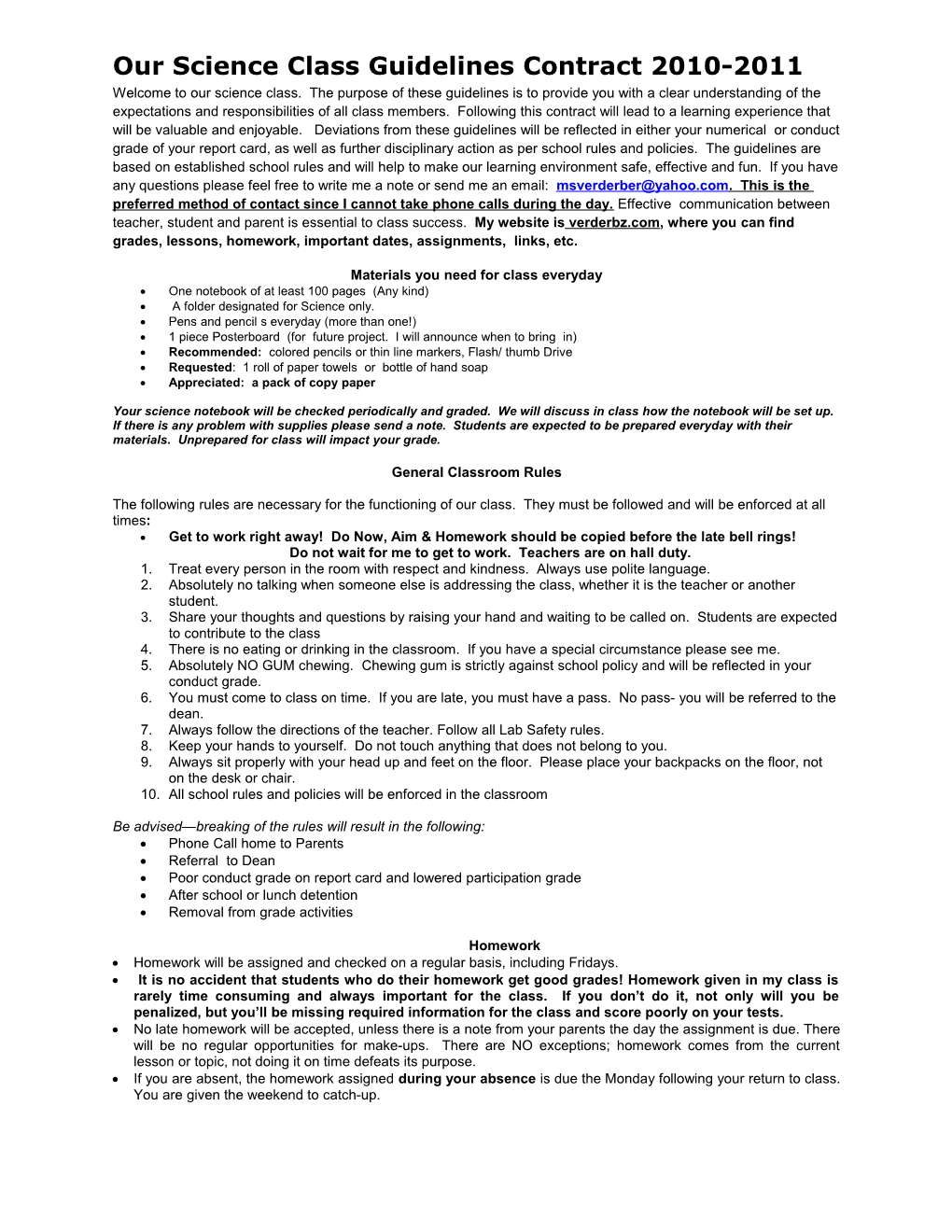 Our Science Class Guidelines Contract 2010-2011