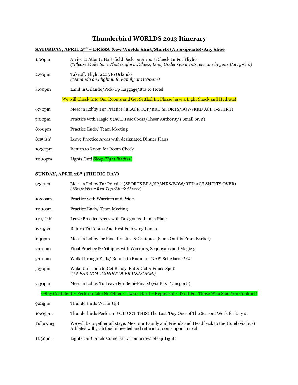 Thunderbird WORLDS 2013 Itinerary