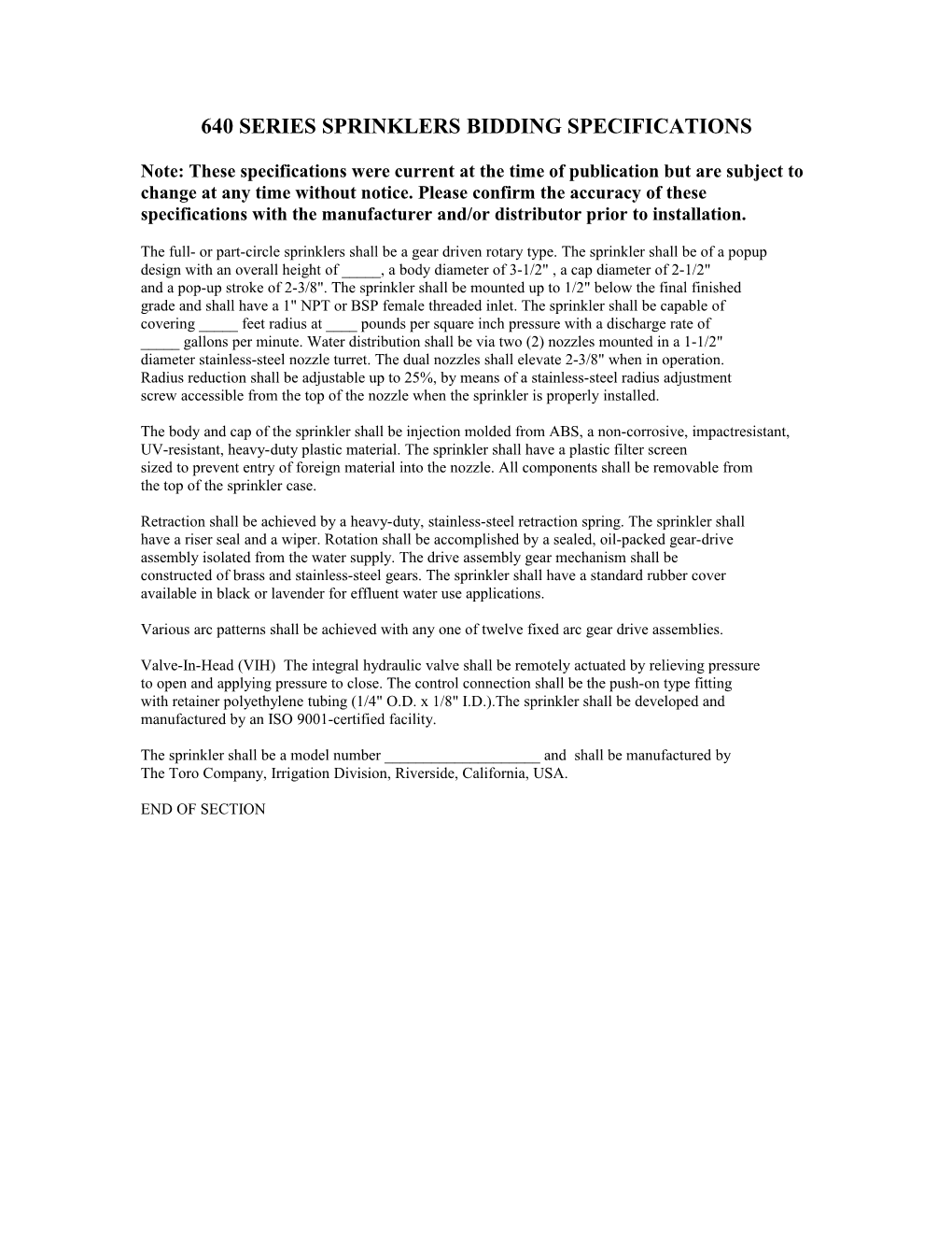 TPV and TPVF SERIES VALVES BIDDING SPECIFICATIONS