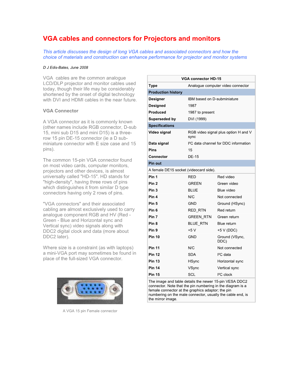 VGA Cables and Connectors for Projectors and Monitors