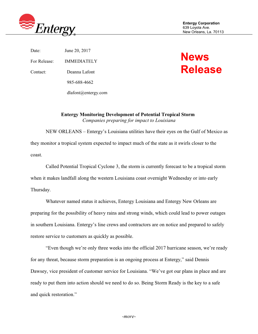 Entergy News Release Entergy Monitoring Development of Potential Tropical Storm