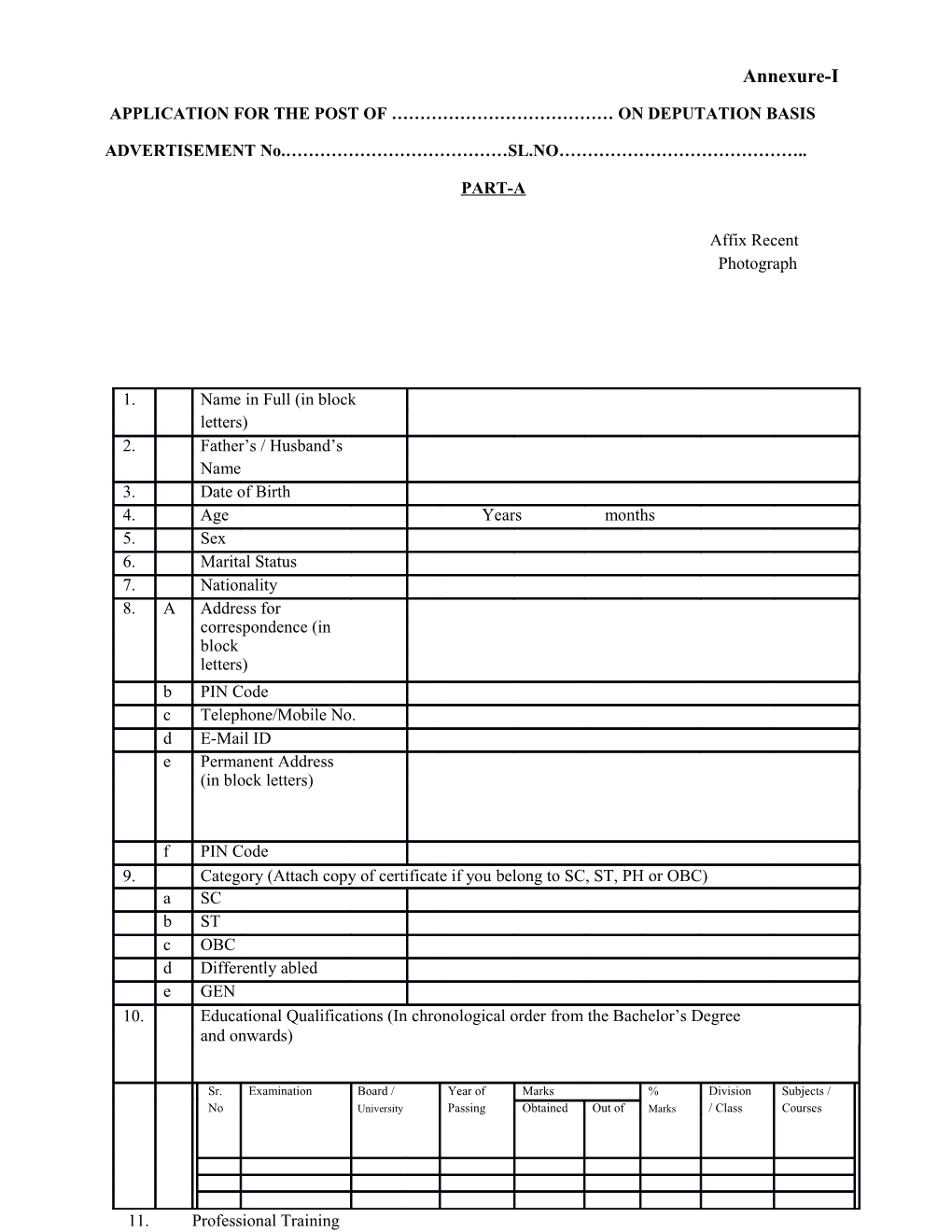 Application for the Post of on Deputation Basis