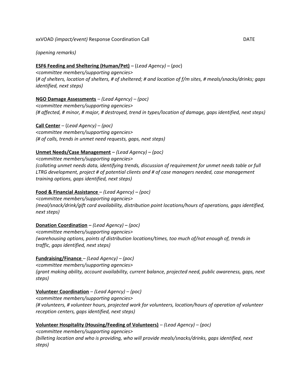 Xxvoad (Impact/Event) Response Coordination Call DATE