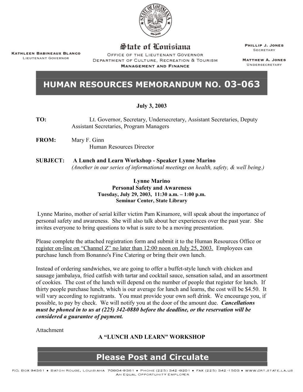 Human Resources Memorandum No. 03-063