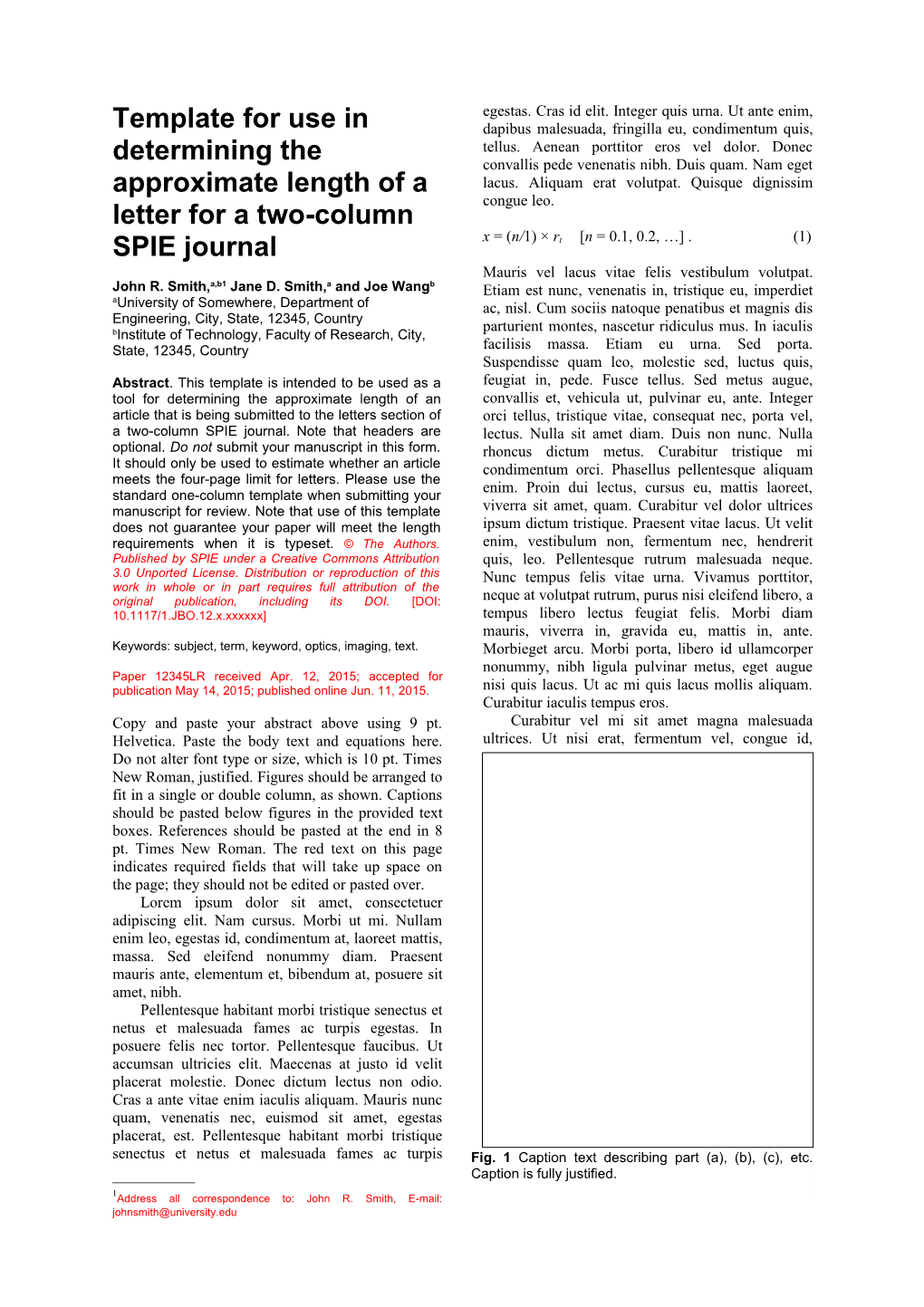 Template for Use in Determining the Approximate Length of a Letter for a Two-Column SPIE