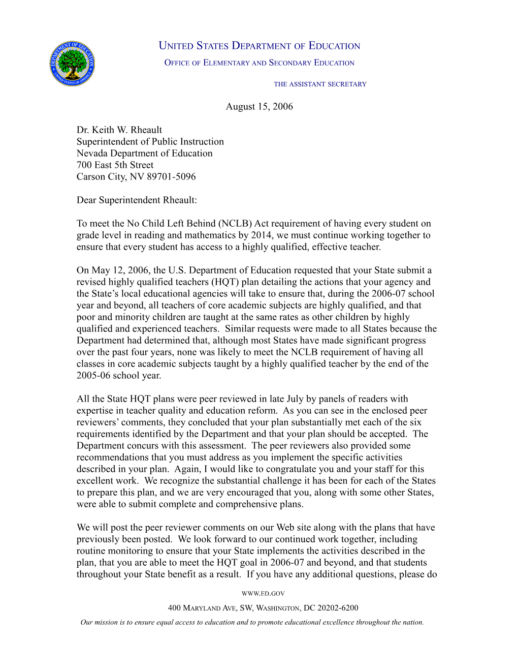 Nevada Letter to Chief State School Officer Regarding the Peer Review Comments of the Highly
